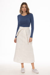 White Denim Belted A-Line Maxi Skirt