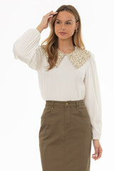 White Floral Print Contrast Collar Top
