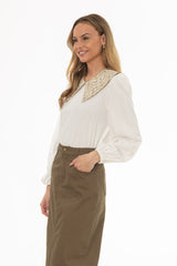 White Floral Print Contrast Collar Top