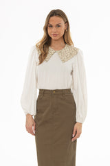 White Floral Print Contrast Collar Top