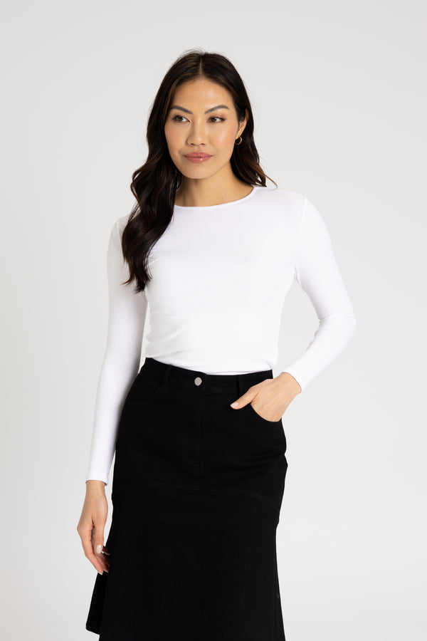 White Long Sleeve Ribbed Tee