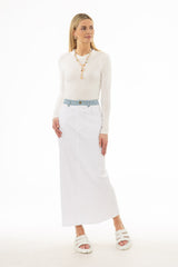 White Pinstripe Trim Denim Maxi Skirt