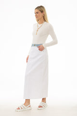 White Pinstripe Trim Denim Maxi Skirt