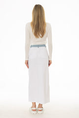 White Pinstripe Trim Denim Maxi Skirt