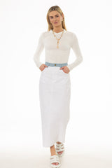 White Pinstripe Trim Denim Maxi Skirt