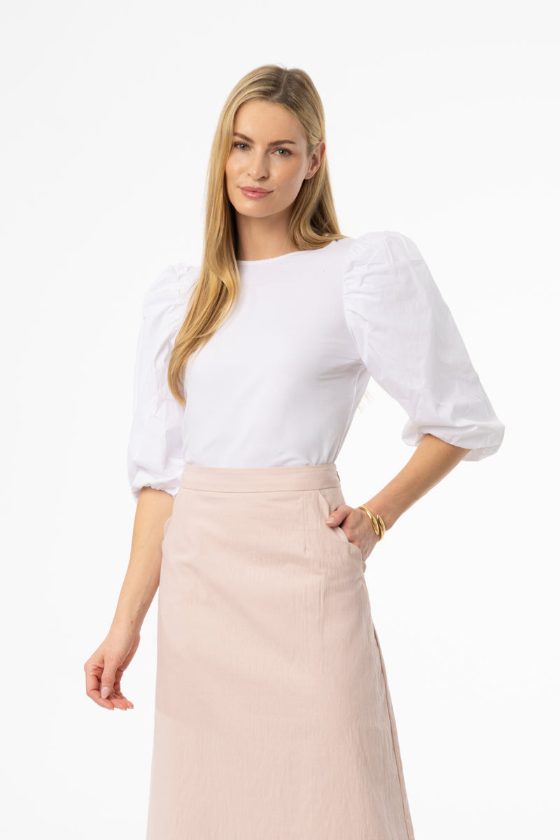 White Puff Sleeve Mixed Fabric Tee