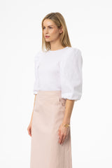 White Puff Sleeve Mixed Fabric Tee