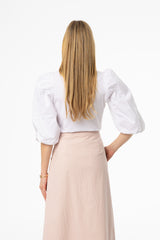 White Puff Sleeve Mixed Fabric Tee