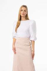 White Puff Sleeve Mixed Fabric Tee