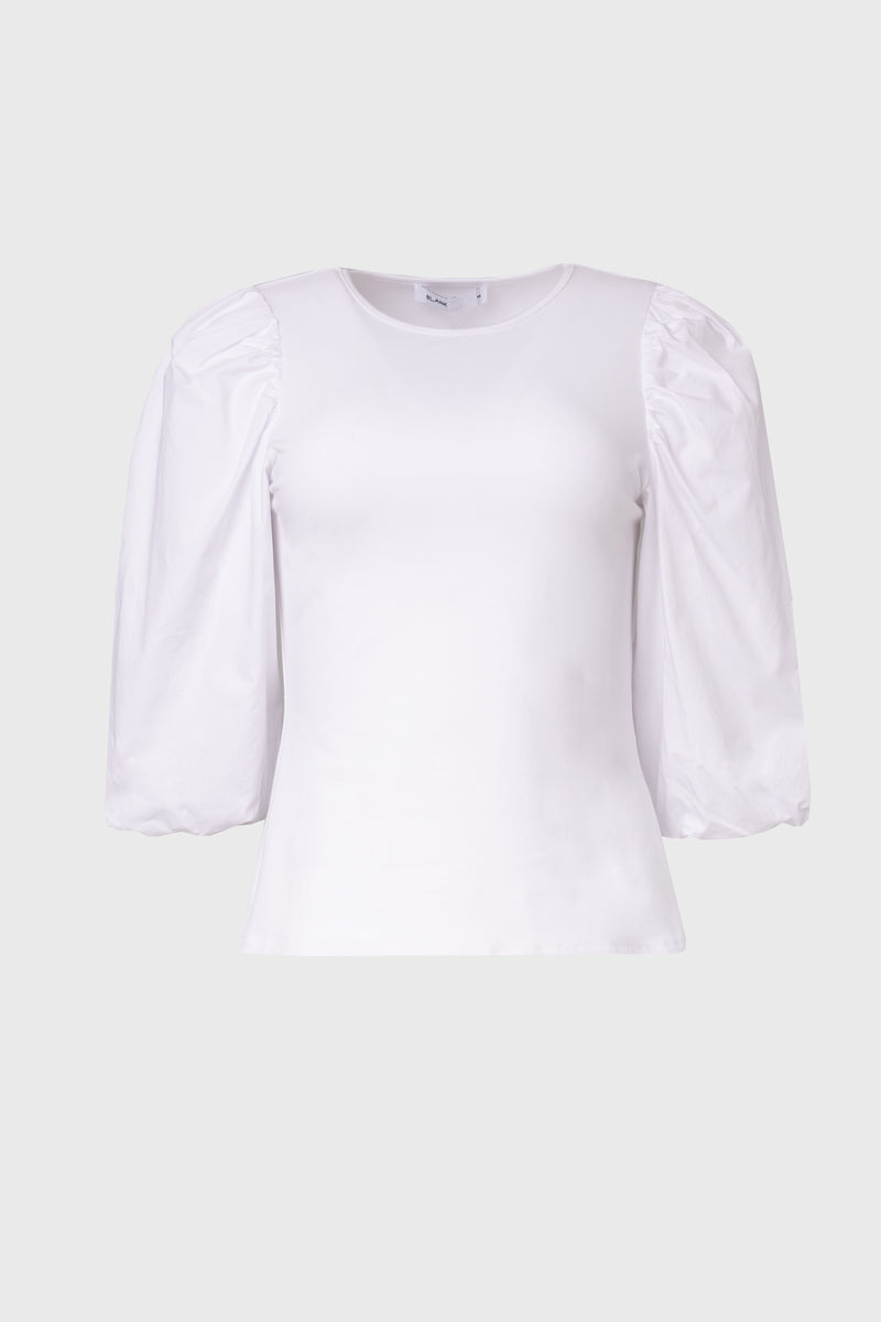White Puff Sleeve Mixed Fabric Tee