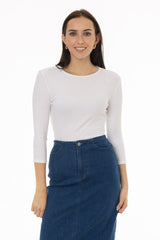 White Ribbed Round Neck 3/4 Sleeve T-Shirt