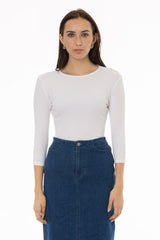 White Ribbed Round Neck 3/4 Sleeve T-Shirt