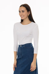White Ribbed Round Neck 3/4 Sleeve T-Shirt