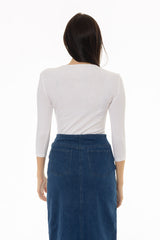 White Ribbed Round Neck 3/4 Sleeve T-Shirt