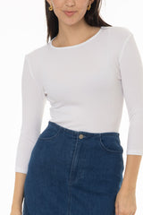White Ribbed Round Neck 3/4 Sleeve T-Shirt