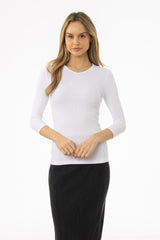 White Ribbed V-Neck 3/4 Sleeve Tee
