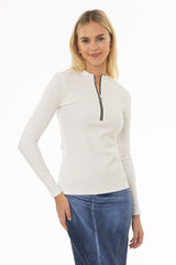 White Ribbed Zipper Top