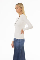 White Ribbed Zipper Top
