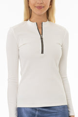 White Ribbed Zipper Top