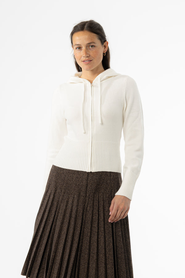 White Zipper Knit Hoodie