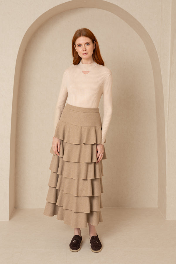 Tan Wool Ruffle Skirt