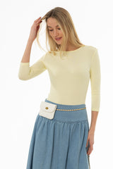 Yellow Ribbed Round Neck 3/4 Sleeve T-Shirt