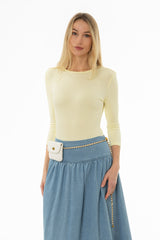 Yellow Ribbed Round Neck 3/4 Sleeve T-Shirt