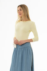 Yellow Ribbed Round Neck 3/4 Sleeve T-Shirt