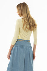 Yellow Ribbed Round Neck 3/4 Sleeve T-Shirt