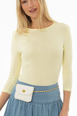 Yellow Ribbed Round Neck 3/4 Sleeve T-Shirt