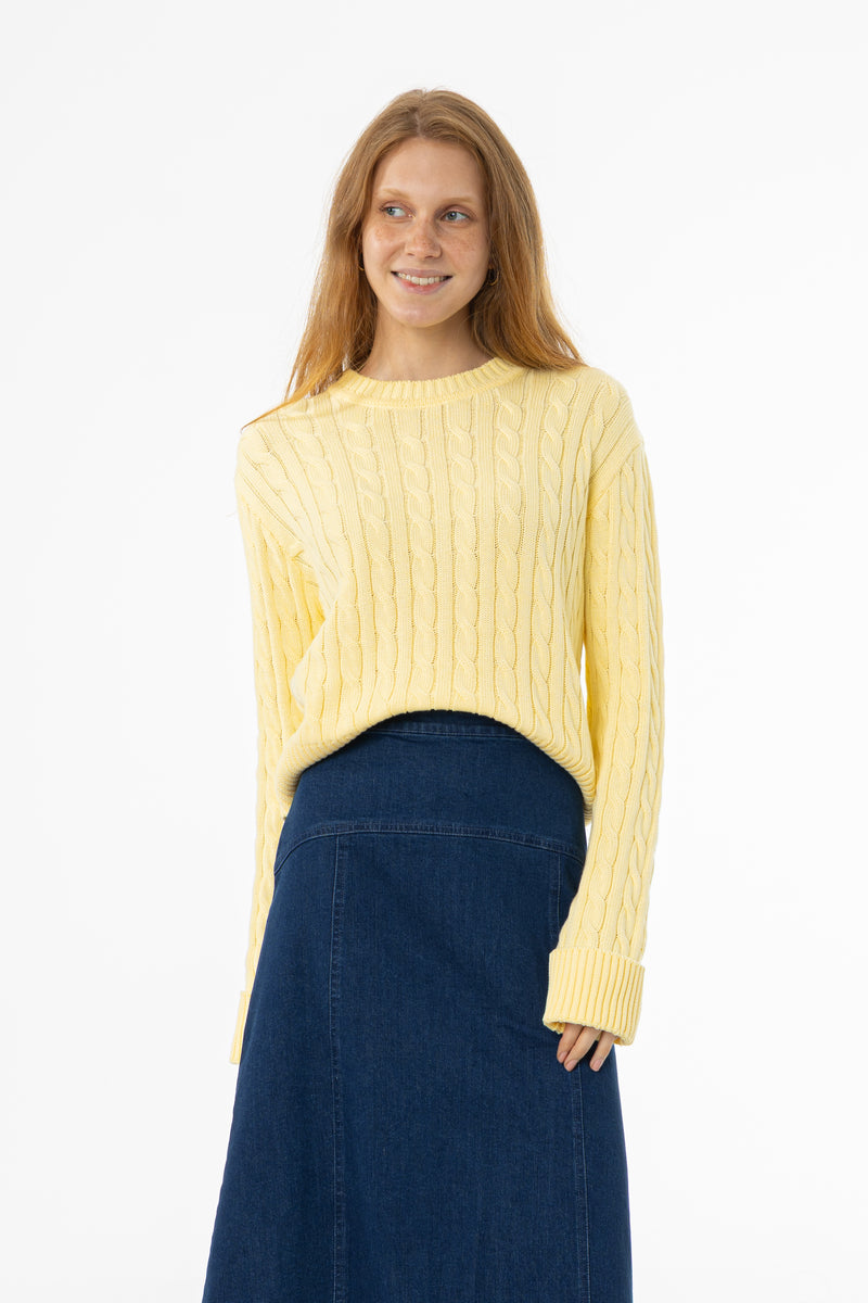 Yellow Round Neck Cable Knit Sweater
