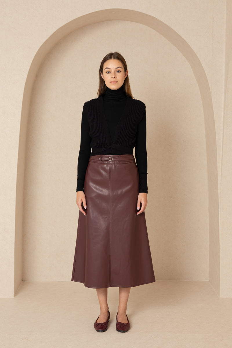 Burgundy Belted Leather Skirt