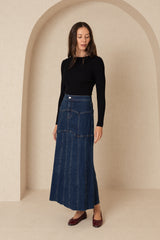 Dark Blue Panel Denim Skirt