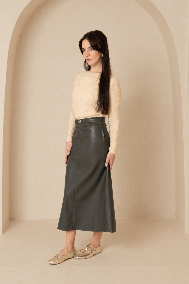 Green Belted Leather Skirt