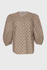 Diamond Print Puff Sleeve Button Down Blouse