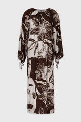 Brown Floral Balloon Sleeve Oversized Maxi Dress