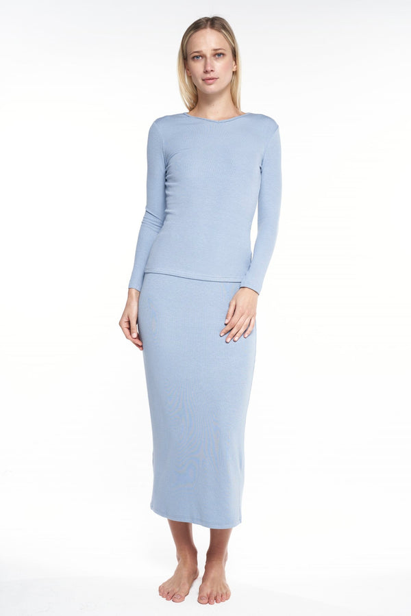 Blue Ribbed V-Neck Tee