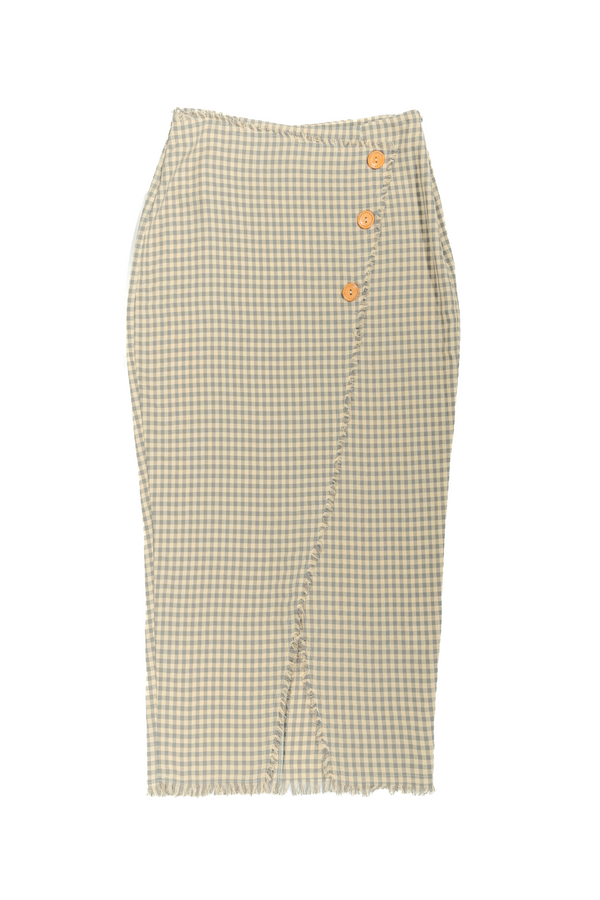Light Blue Checkered Faux Wrap Skirt