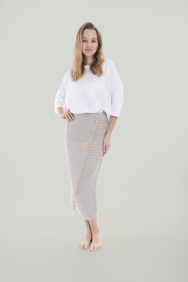 Light Blue Checkered Faux Wrap Skirt