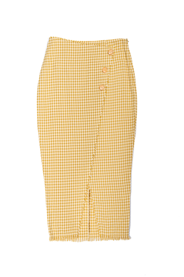 Yellow Checkered Faux Wrap Skirt